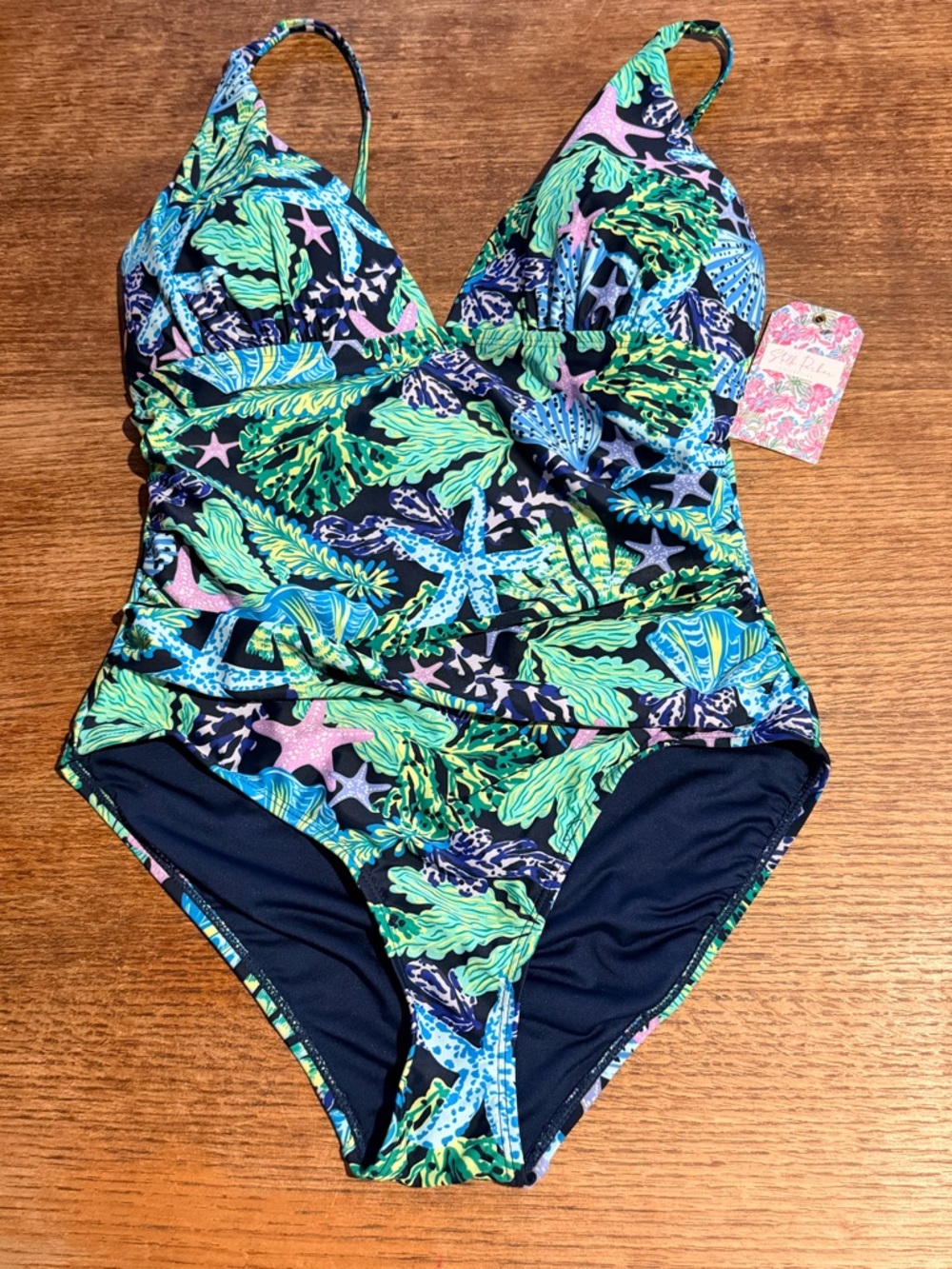 Women’s One-Piece Swimsuit in Navy with Green Sea Life Print